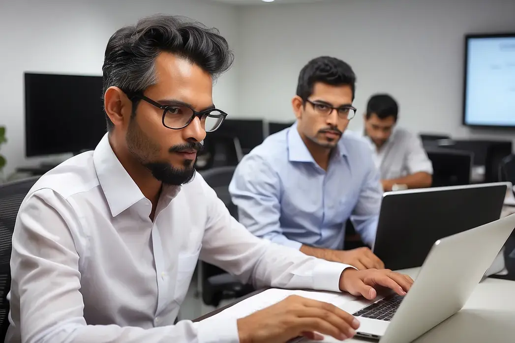 Colegas discutindo o trabalho diante de um notebook