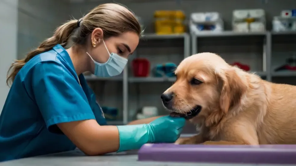 Cão sendo examinado por veterinária em consultório